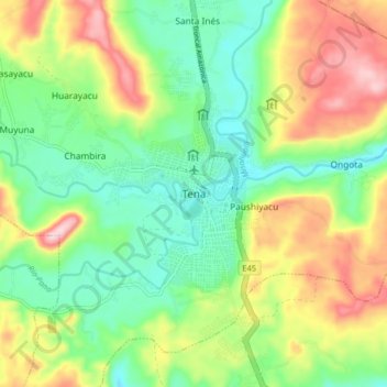 Mappa topografica Tena, altitudine, rilievo