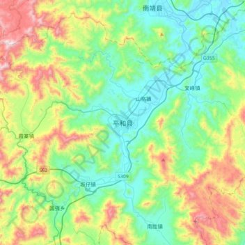 Mappa topografica 平和县, altitudine, rilievo
