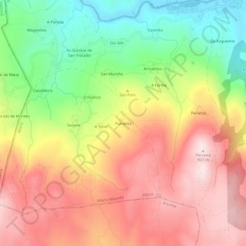 Mappa topografica Pumares, altitudine, rilievo