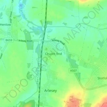 Mappa topografica Church End, altitudine, rilievo