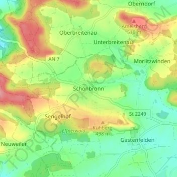 Mappa topografica Schönbronn, altitudine, rilievo