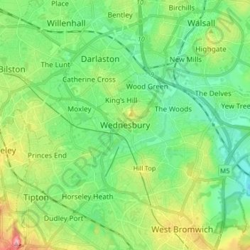 Mappa topografica Wednesbury, altitudine, rilievo