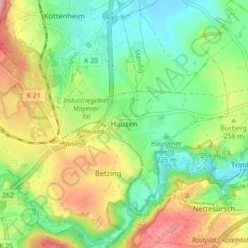Mappa topografica Hausen, altitudine, rilievo