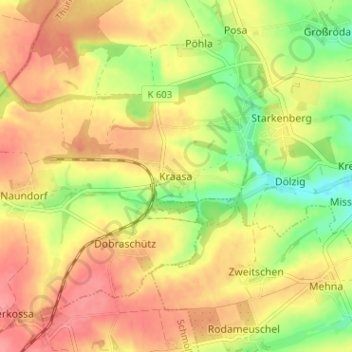 Mappa topografica Kraasa, altitudine, rilievo