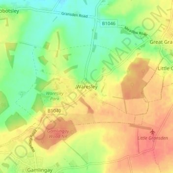 Mappa topografica Waresley, altitudine, rilievo