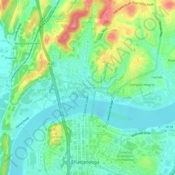 Mappa topografica North Chattanooga, altitudine, rilievo
