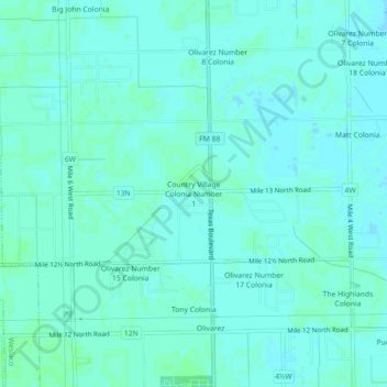 Mappa topografica Country Village Colonia Number 1, altitudine, rilievo