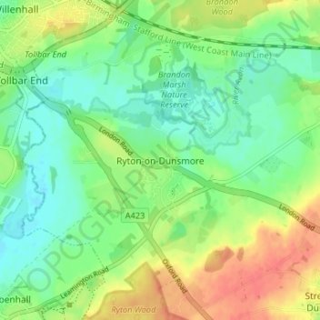 Mappa topografica Ryton-on-Dunsmore, altitudine, rilievo