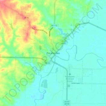 Mappa topografica Pocahontas, altitudine, rilievo