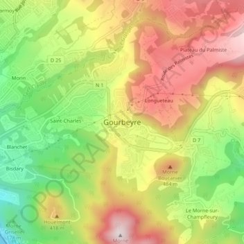 Mappa topografica Gourbeyre, altitudine, rilievo