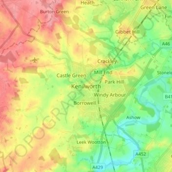 Mappa topografica Kenilworth, altitudine, rilievo