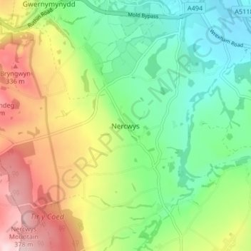 Mappa topografica Nercwys, altitudine, rilievo