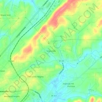 Mappa topografica Tellico Hills, altitudine, rilievo