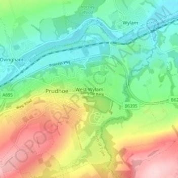 Mappa topografica West Wylam, altitudine, rilievo