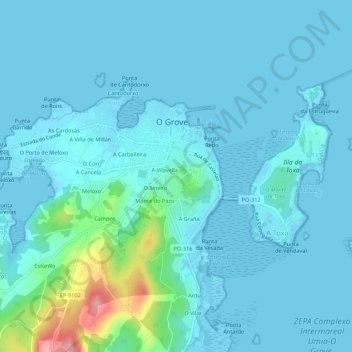 Mappa topografica Os Pardiños, altitudine, rilievo