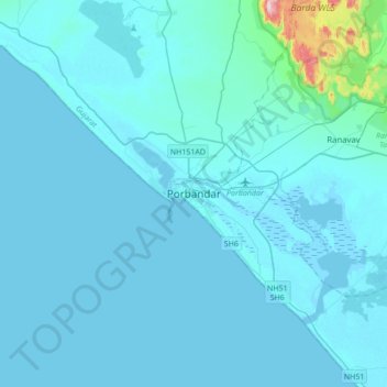 Mappa topografica Porbandar, altitudine, rilievo