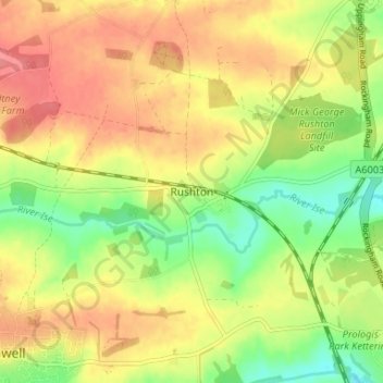 Mappa topografica Rushton, altitudine, rilievo