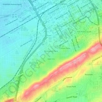 Mappa topografica Richmond Place, altitudine, rilievo