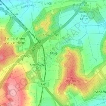 Mappa topografica Albig, altitudine, rilievo