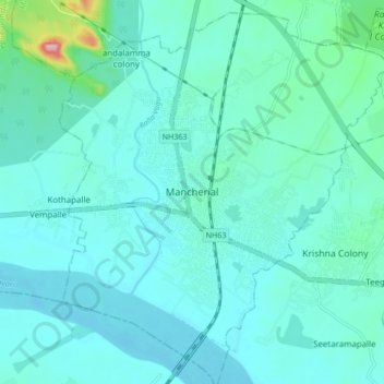Mappa topografica Mancherial, altitudine, rilievo