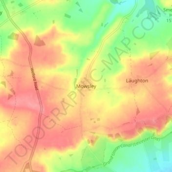 Mappa topografica Mowsley, altitudine, rilievo
