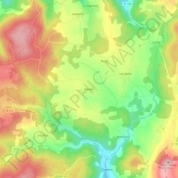 Mappa topografica Frontès, altitudine, rilievo