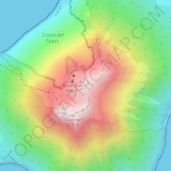 Mappa topografica Stromboli Volcano trail, altitudine, rilievo