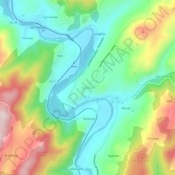 Mappa topografica Grullos, altitudine, rilievo
