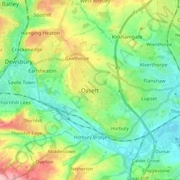 Mappa topografica Ossett, altitudine, rilievo