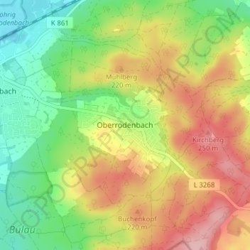 Mappa topografica Oberrodenbach, altitudine, rilievo