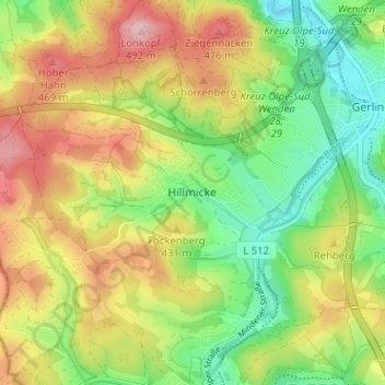 Mappa topografica Hillmicke, altitudine, rilievo