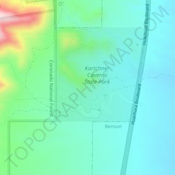 Mappa topografica Kartchner Caverns, altitudine, rilievo