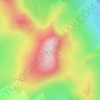 Mappa topografica Moel Hebog, altitudine, rilievo