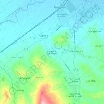 Mappa topografica Campanelle-Colle Comune, altitudine, rilievo