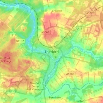 Mappa topografica Thetford, altitudine, rilievo