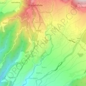 Mappa topografica Chelian, altitudine, rilievo