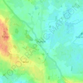 Mappa topografica Burlton, altitudine, rilievo