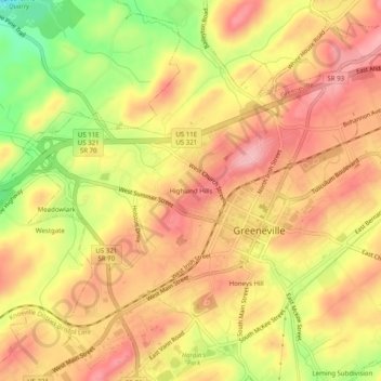 Mappa topografica Highland Hills, altitudine, rilievo