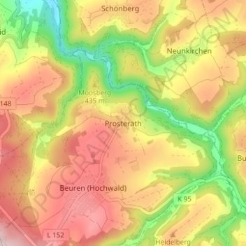 Mappa topografica Prosterath, altitudine, rilievo