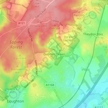 Mappa topografica Debden Green, altitudine, rilievo
