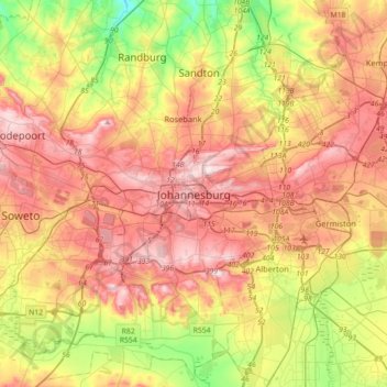 Mappa topografica Johannesburg, altitudine, rilievo