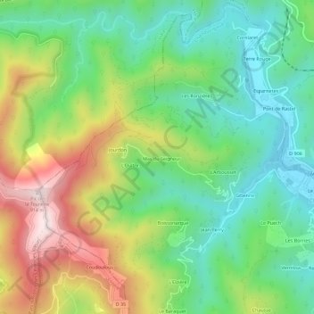 Mappa topografica Alteyrac, altitudine, rilievo