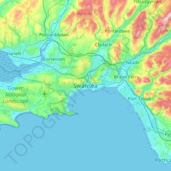 Mappa topografica Swansea, altitudine, rilievo