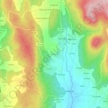 Mappa topografica Cruxeiras, altitudine, rilievo