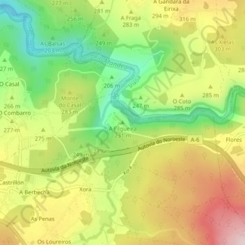 Mappa topografica A Filgueira, altitudine, rilievo