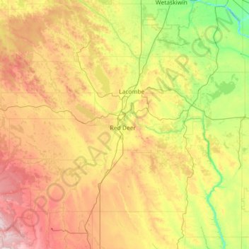 Mappa topografica Red Deer (city), altitudine, rilievo