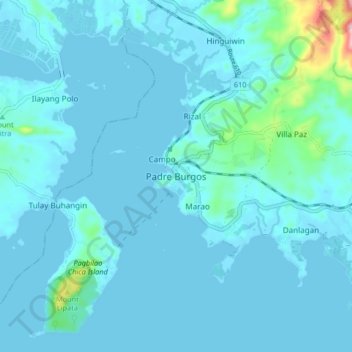 Mappa topografica Padre Burgos, altitudine, rilievo