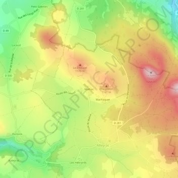 Mappa topografica Malhac, altitudine, rilievo