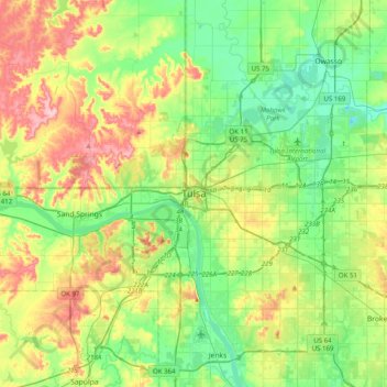Mappa topografica Tulsa, altitudine, rilievo