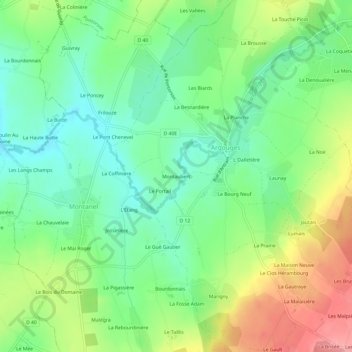 Mappa topografica Montaubert, altitudine, rilievo